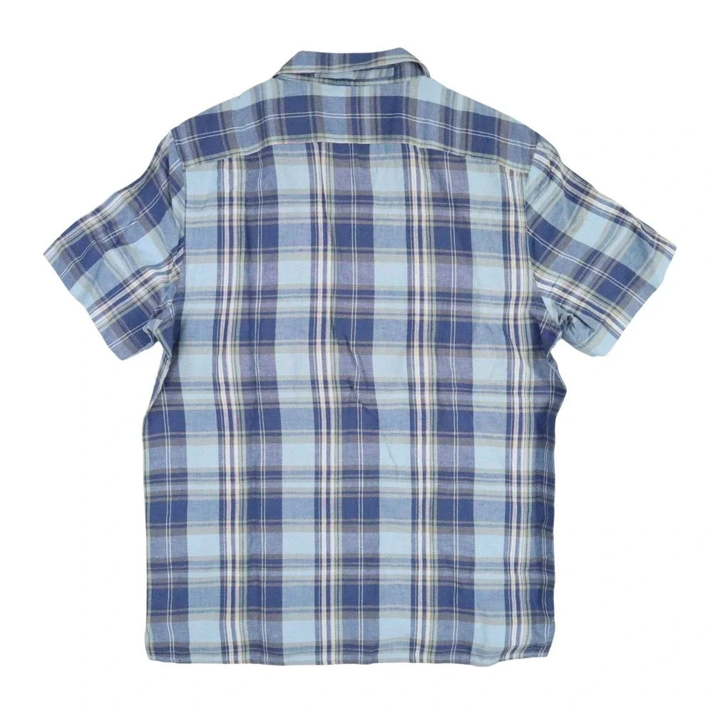 Banana Republic Linen-Blend Shirt Mens M Blue Plaid‎ Modern Summer Casual Beach
